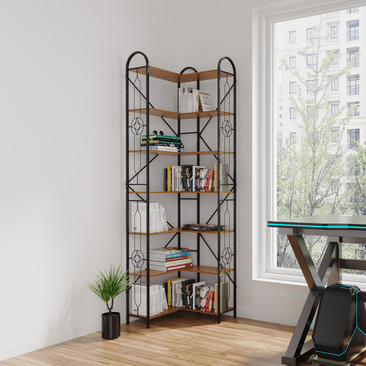 Industrial Style Corner Bookshelf With Thickened Iron Frame