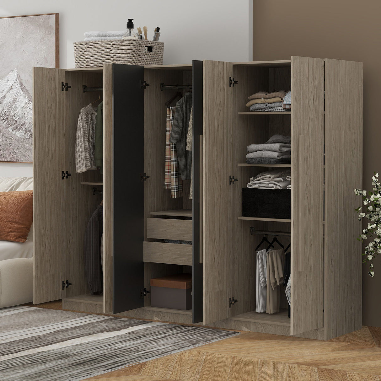 6 Doors Wardrobe Storage For Bedroom, With 2 Drawers Inside - Black / Nature