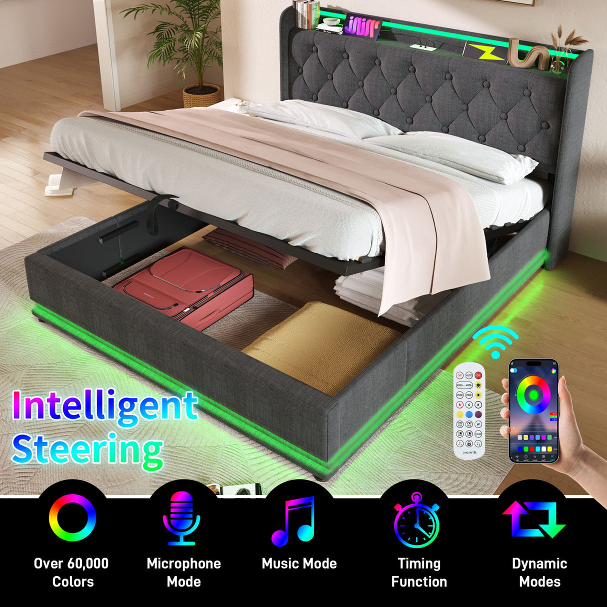 Upholstered Bed, 360 Surround LED Function, Remote Control, Hydraulic Storage Bed With USB, Type-C Charging (Without Mattress)