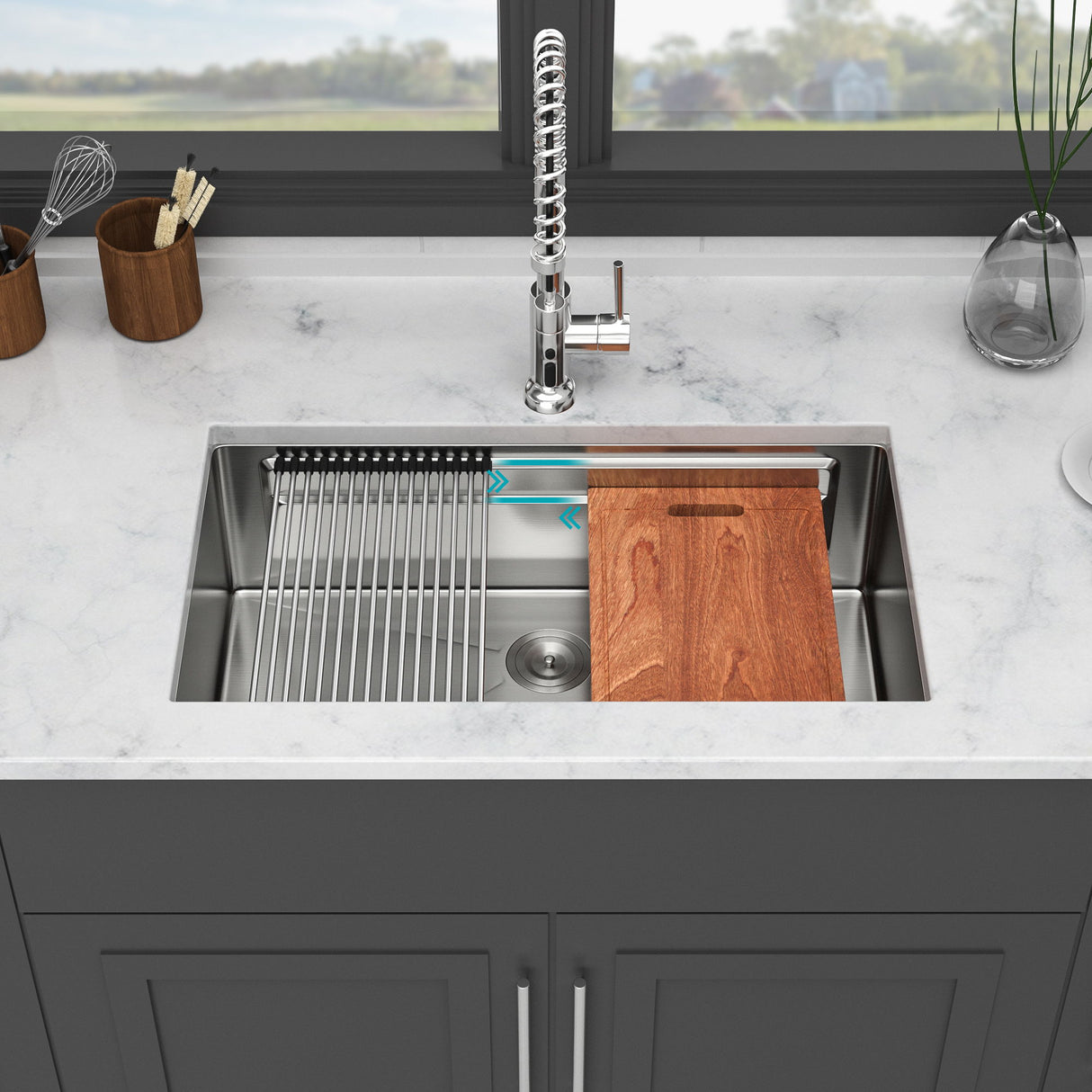 Undermount Kitchen Sink, Single Bowl With Ledge Workstation, 16 Gauge Stainless Steel - Brushed Nickel