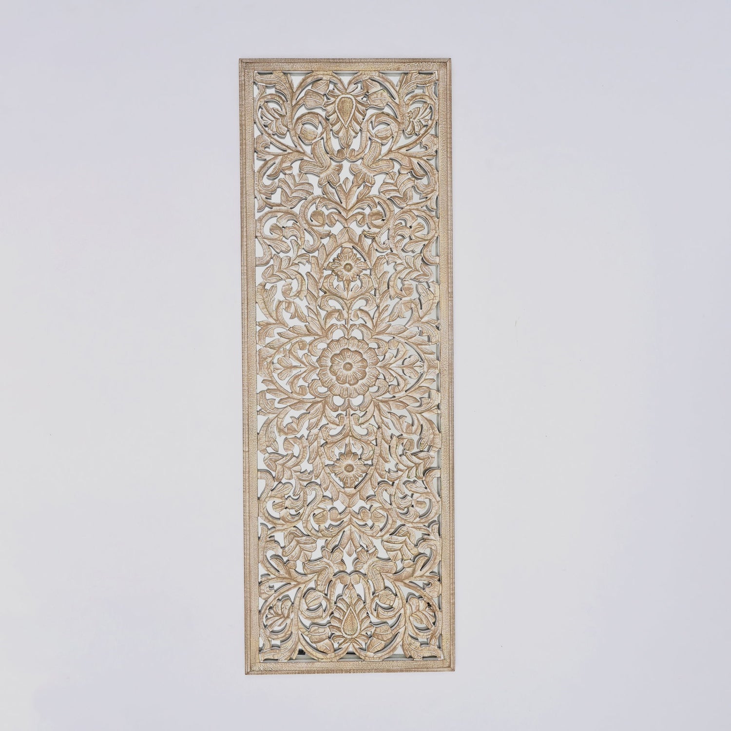 Floral Hand Carved Mandala Rectangle Wall Decor With Mirror - Antique Brown / White