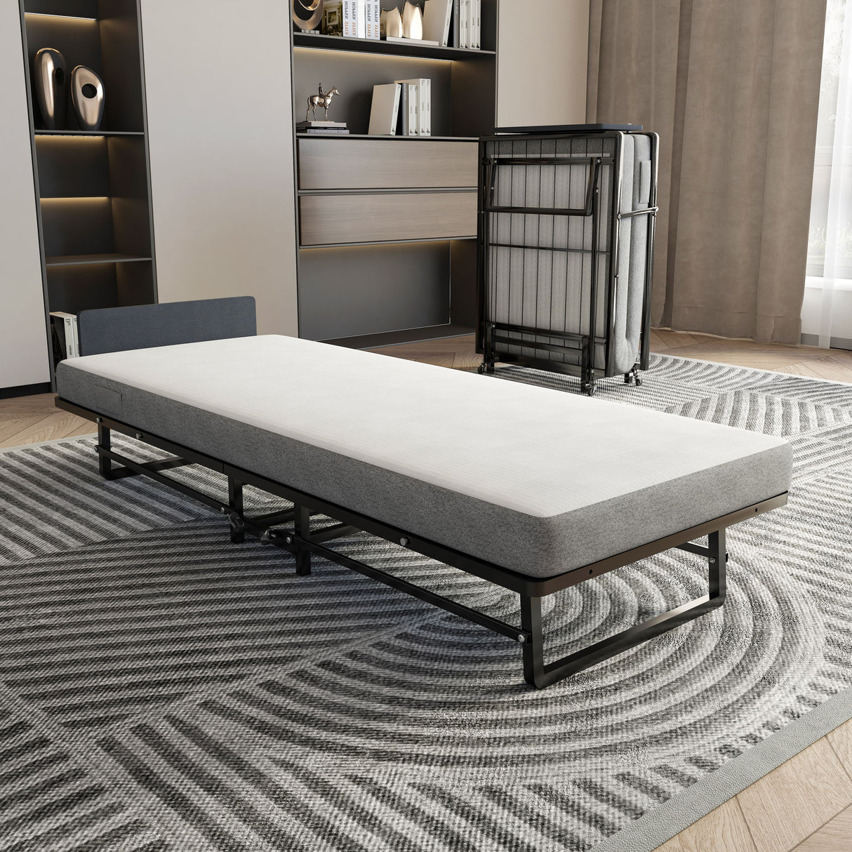 Modern Metal Folding Bed Frame With Foam Mattress, Easy Storage & Mobility - Black