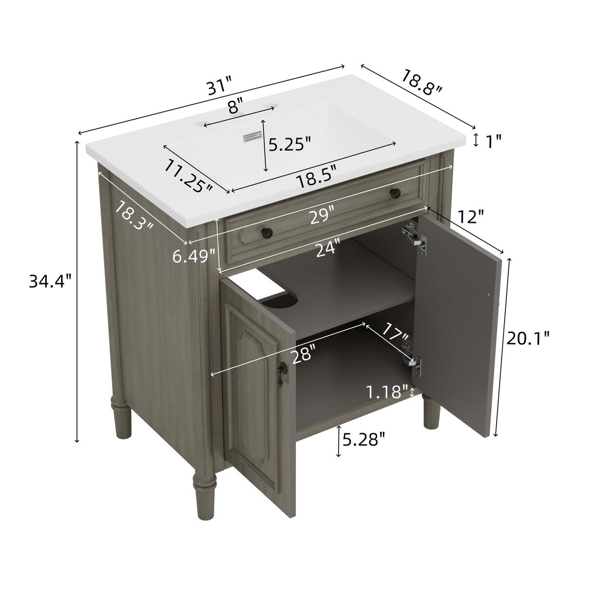 Vintage Bathroom Vanity With Sink, Rustic Cabinet With Soft Close Doors