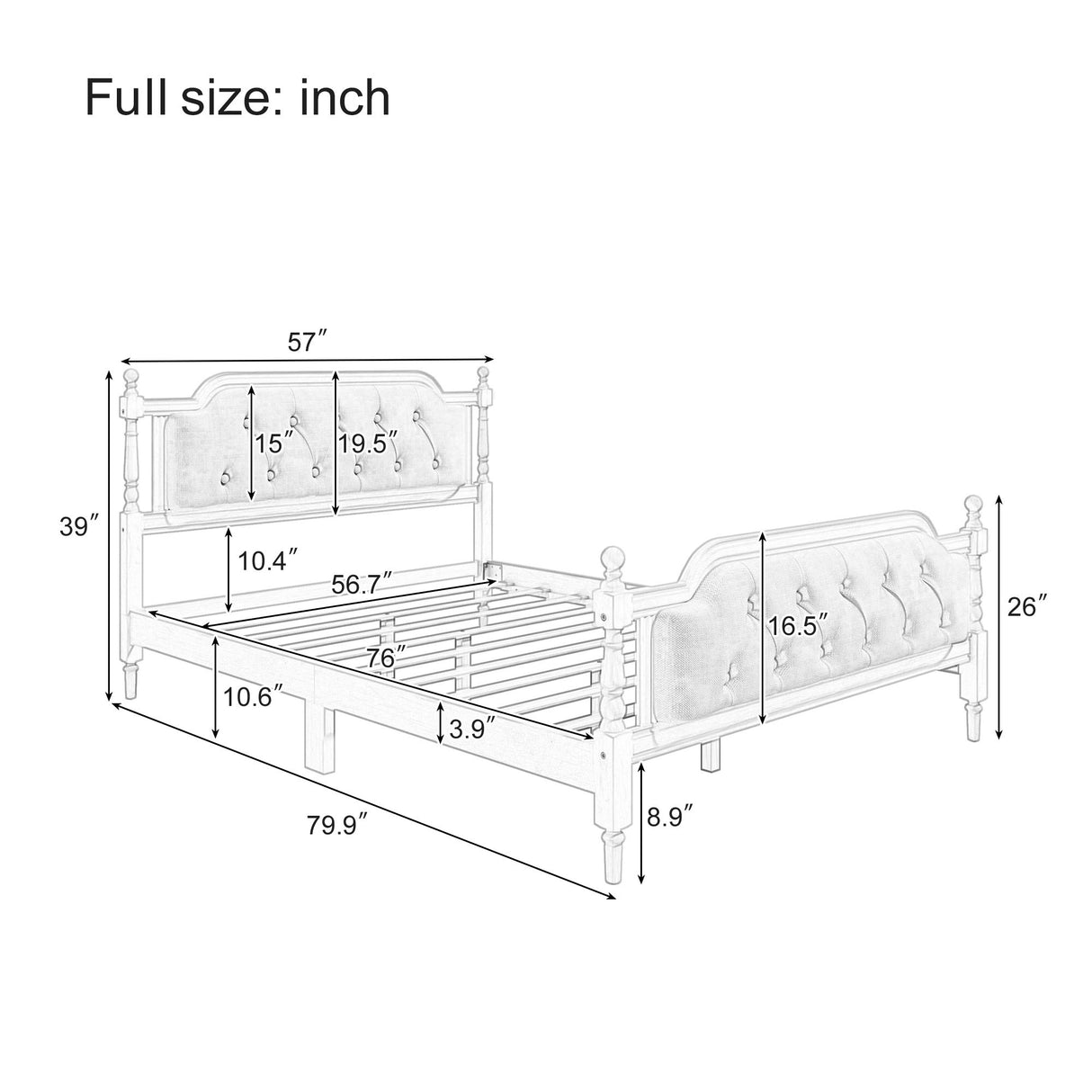 Traditional Style Solid Bed Frame With Upholstered Tufted Headboard, No Box Spring Needed
