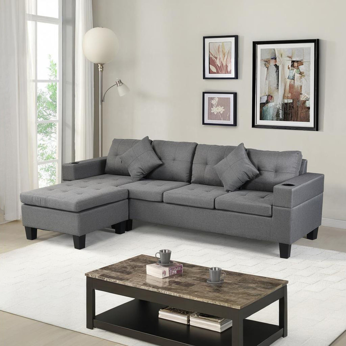 Modern Sectional Sofa Set With L Shape Chaise Lounge, Cup Holder, 4 Seat - Gray