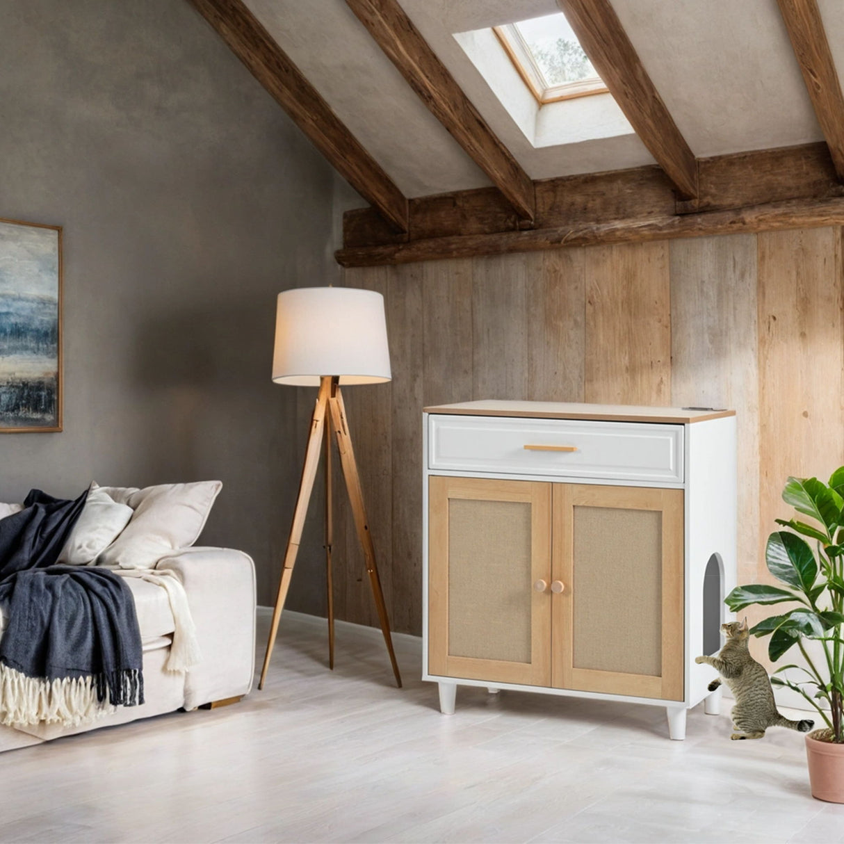 Pet Friendly Furniture Style Cat Litter Box House With Sisal Scratching Door And Charging Socket - Beige / White