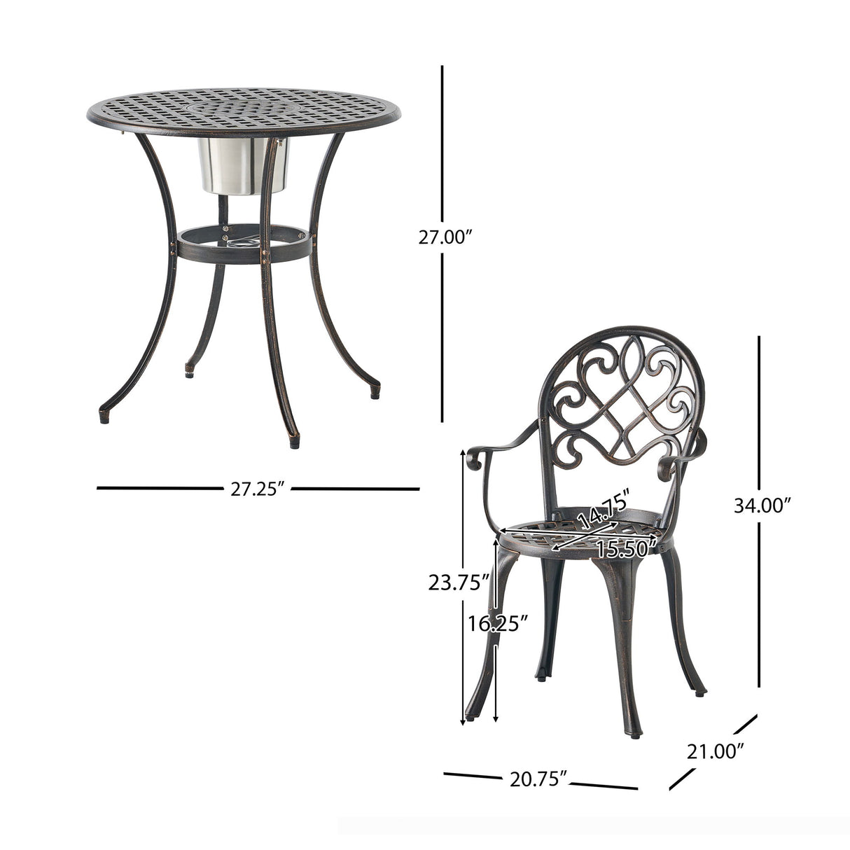 3 Piece Outdoor Aluminium Cast Bistro Set With Ice Bucket - Copper