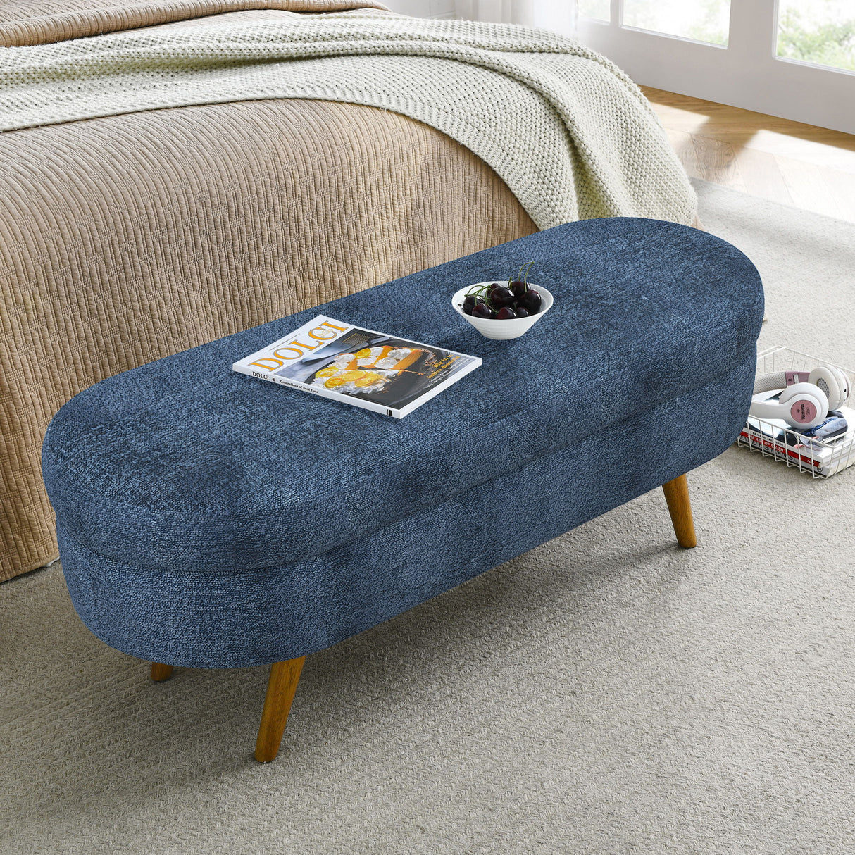 Modern Ottoman Oval Storage Bench With Rubber Wood Legs