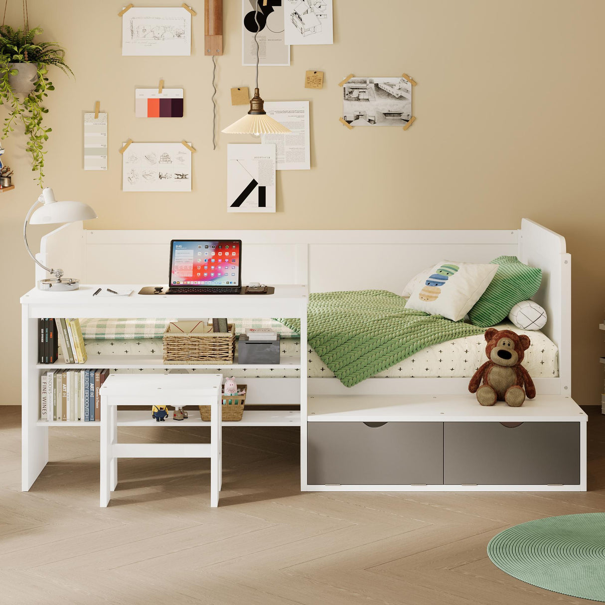 Daybed With Storage Shelves And Lockers, Multi Functional Bed With Study Desk And Matching Stool