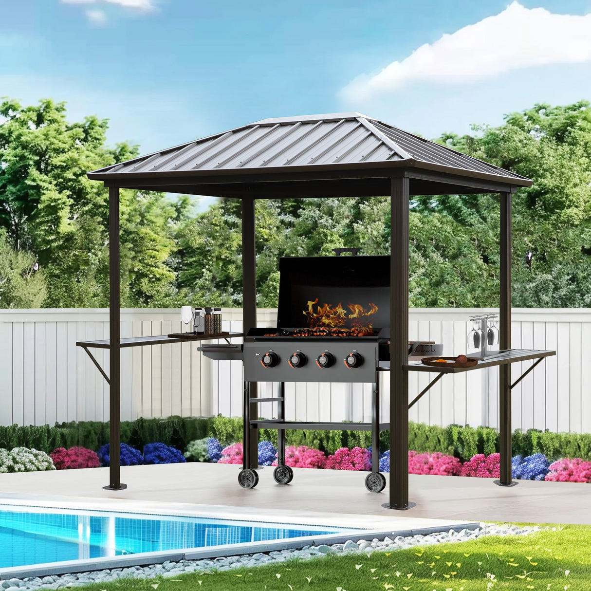 Grill Hardtop Gazebo Outdoor Metal Hard Top Gazebo, Permanent Bbq Gazebo With Galvanized Steel, Aluminum Framed Pavilion With Shelves - Dark Brown