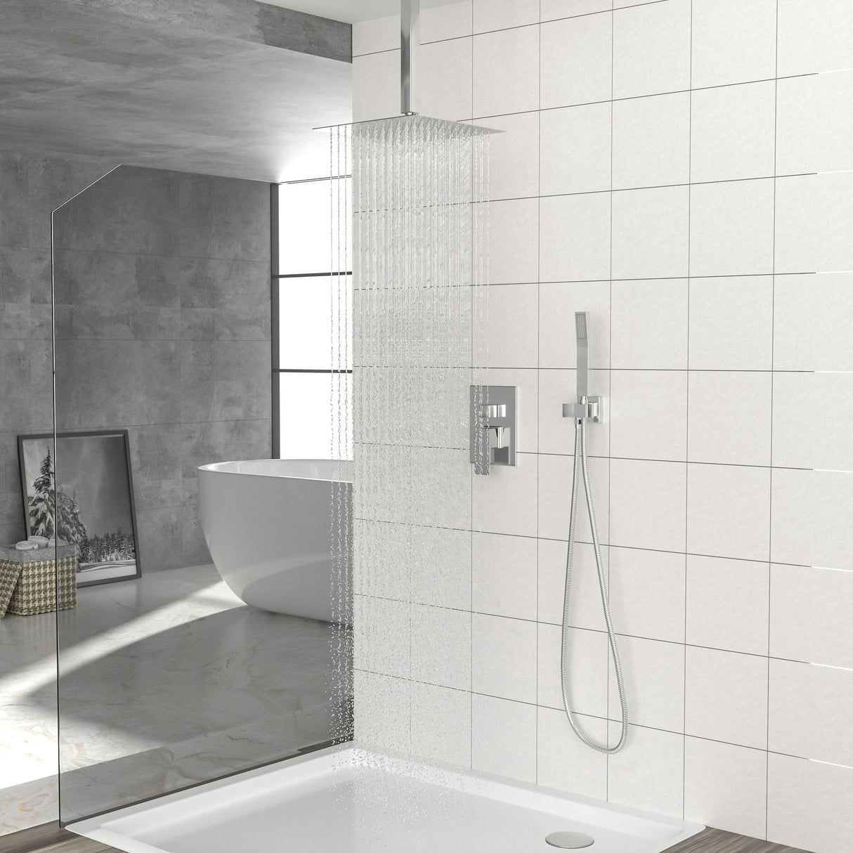 Dual Shower Head Ceiling Mount Square Rain Shower System With Adjustable Flow