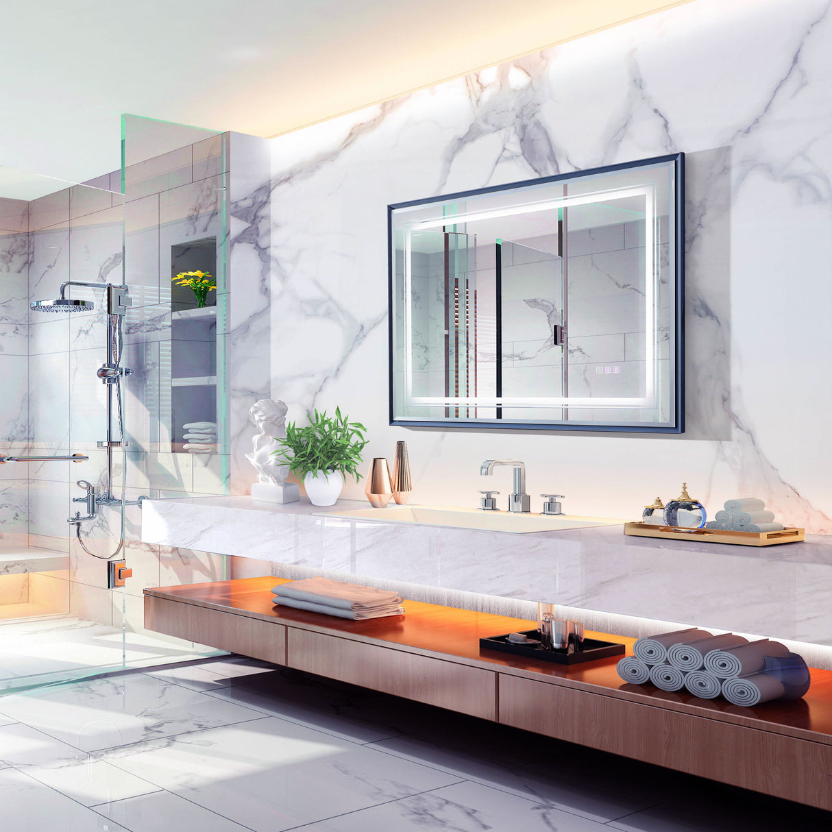 LED Bathroom Beveled Mirror, 3000 - 6000K Gradient Front And Backlit LED Mirror For Bathroom, 3 Colors Dimmable, Ip54 Enhanced Anti Fog