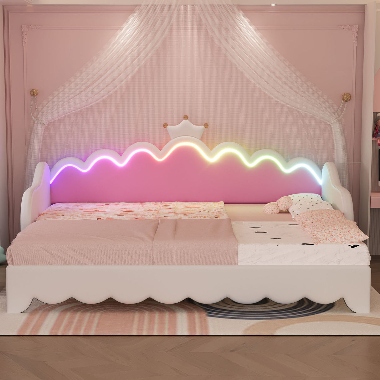Extending Daybed With LED Lights, Modern Upholstered Princess Daybed With Crown Headboard