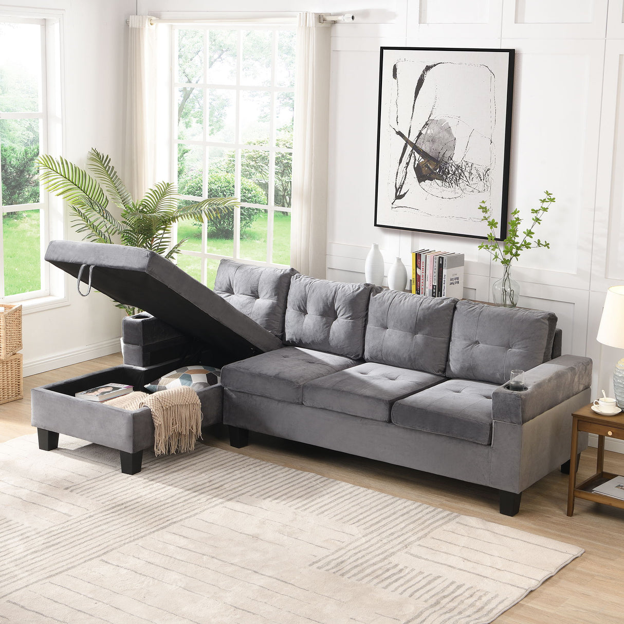 Modern Sectional Sofa Set With L Shape Chaise Lounge And Storage
