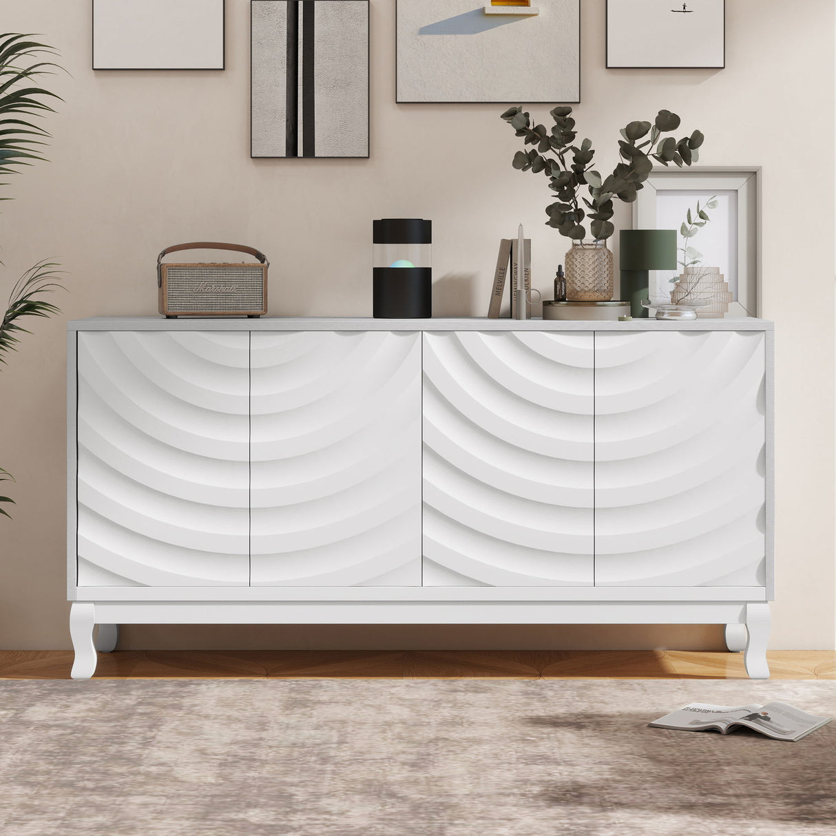 Elegant Sideboard With Sophisticated Wavy Pattern Doors And Arched Groove Design, Adjustable 4 Door Layout