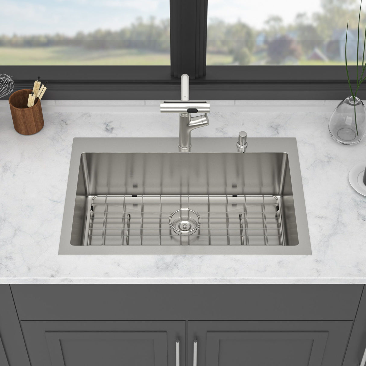 Drop-In Kitchen Sink With Pull-Out Faucet And Soap Dispenser