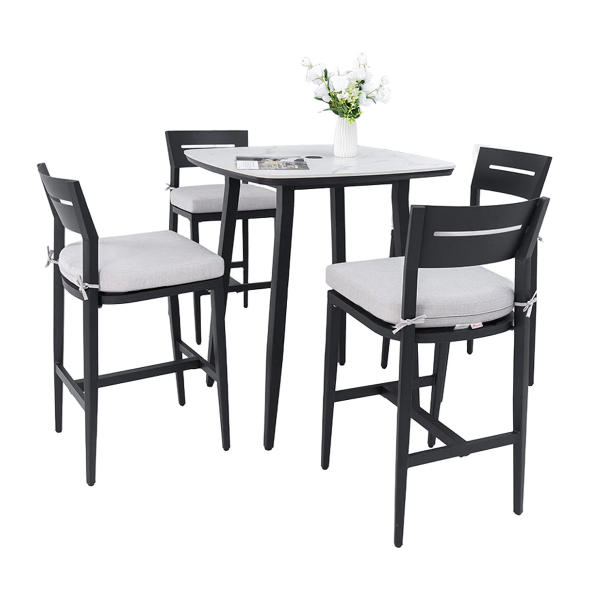 Modern Outdoor Patio Bar Set, Rounded Square Table & Bar Chairs, Non Rust Frame, Tapered Legs, Sunbrella Cushion