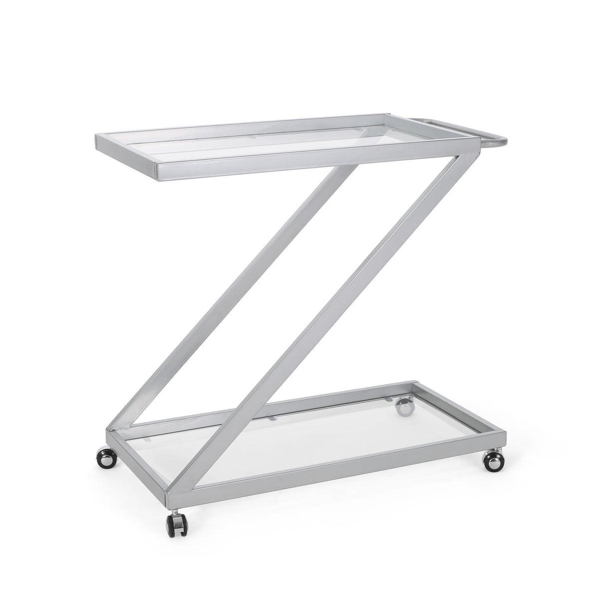 Modern Z Shaped Bar Cart With Tempered Glass Shelves - Silver