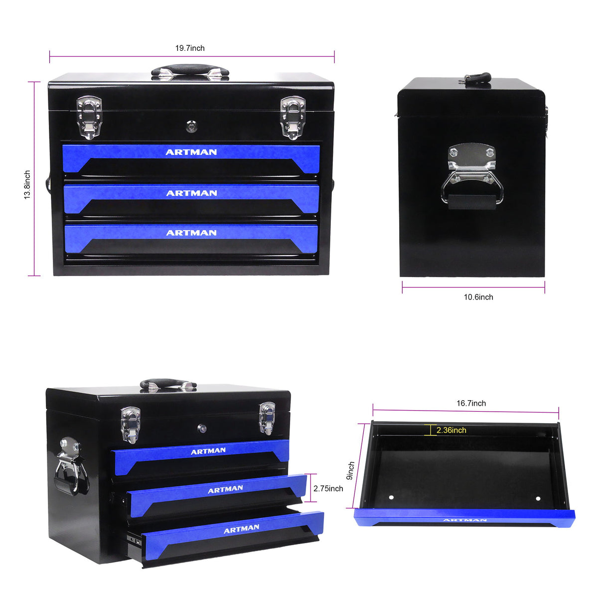 Portable 3 Drawer Steel Toolbox, 4 Layers Of Tools With Metal Latches, With Storage Tray And Carrying Handle