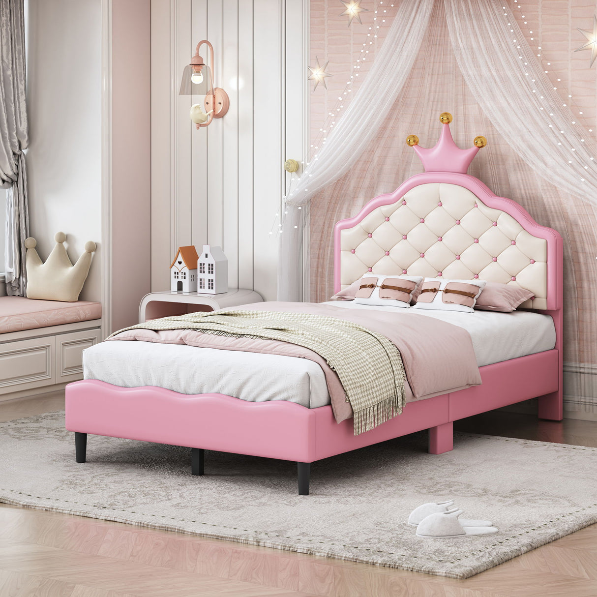Lovely Crown Fantasy Princess Bed With Tufted Headboard