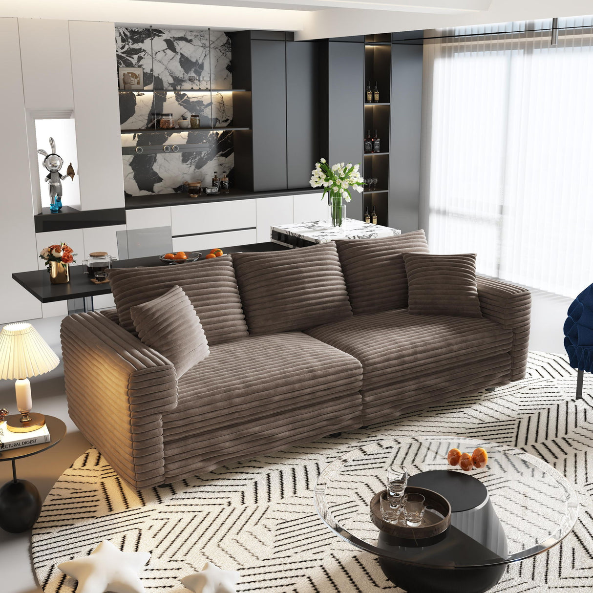 Deep Seat Convertible Sofa With Soft Pillows And Ottomans