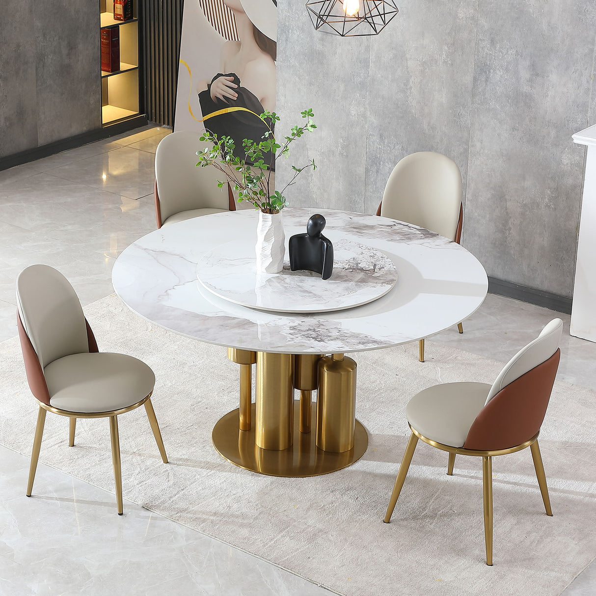 Round Stone Burning Table, Modern Marble Dining Table With Chairs