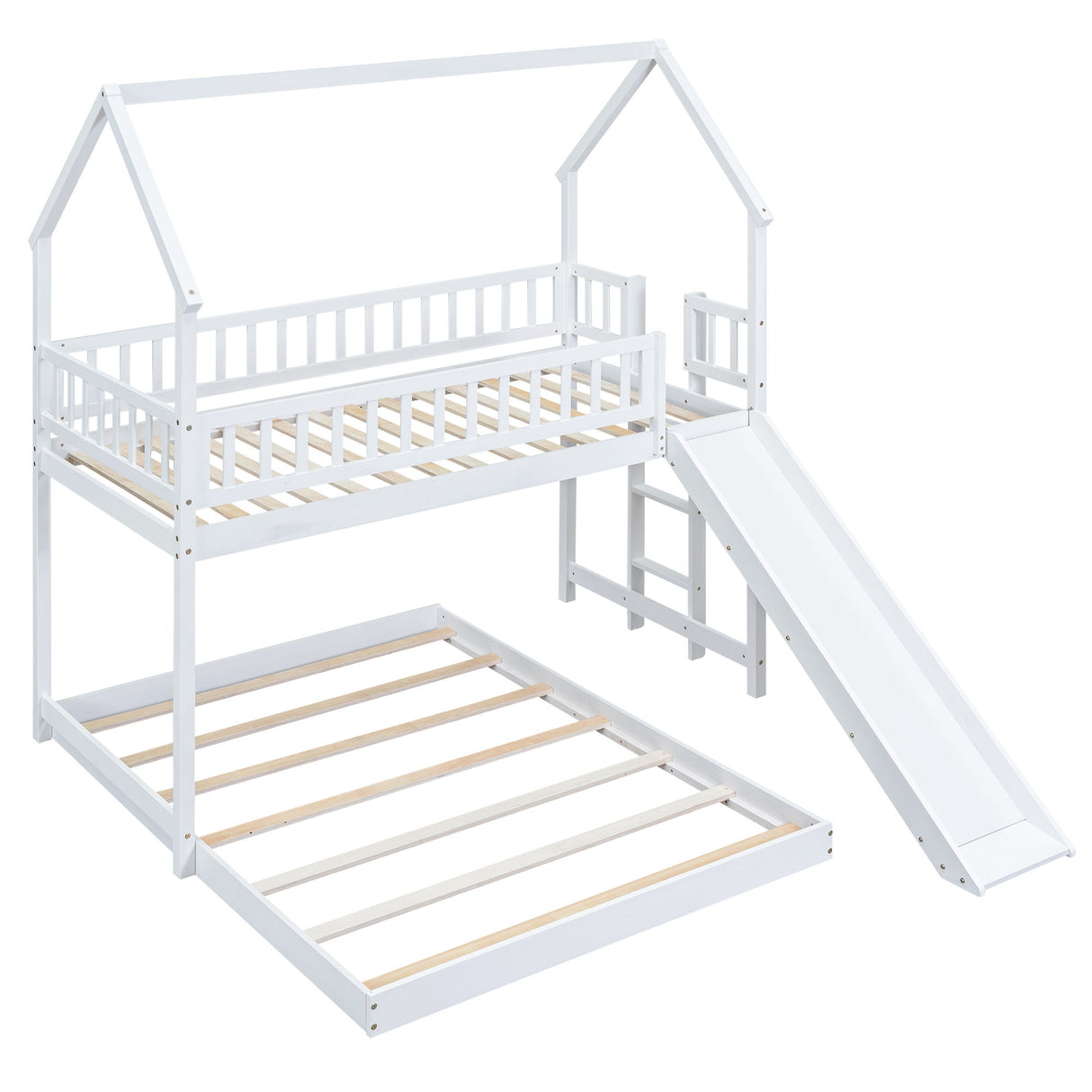 Hearth & Haven - Twin Over Full House Bunk Bed With Slide, Built In Ladder And Full Length Guardrail - White