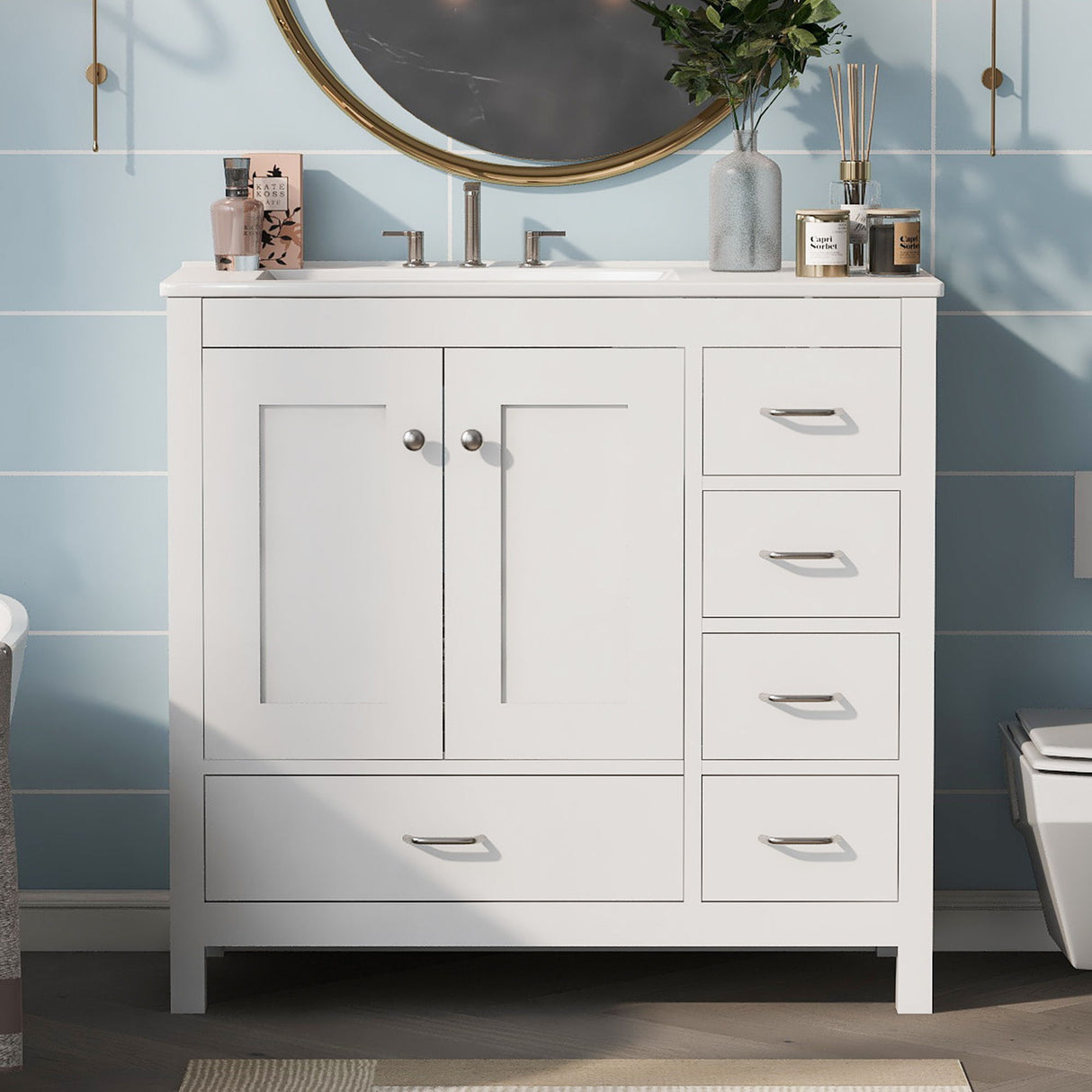 Bathroom Vanity With Ceramic Sink Combo, Abundant Storage Cabinet 2 Soft Close Doors And 5 Drawers
