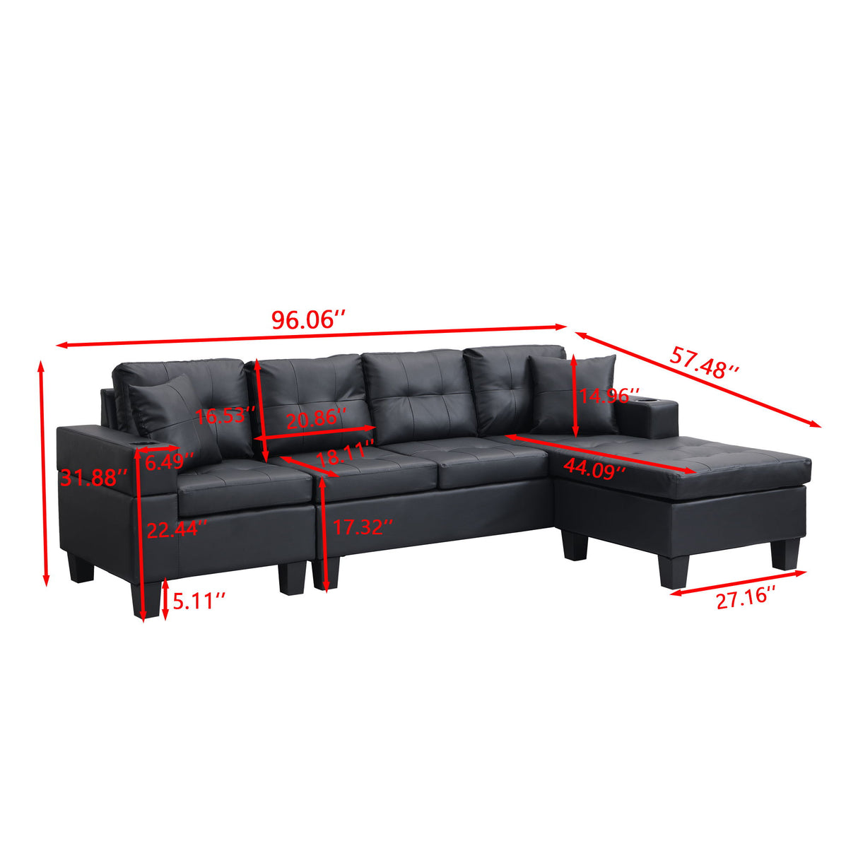 Modern Sectional Sofa Set With Chaise Lounge And Cup Holder