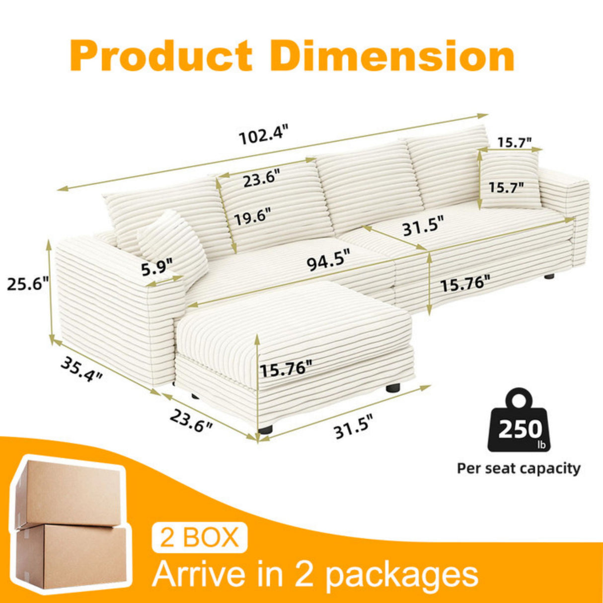 Plush Corduroy 4 Seat Sofa With Soft Pillows And Movable Ottoman