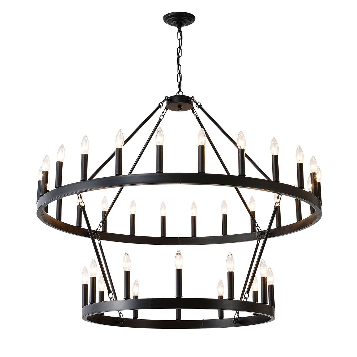 2 Tiers Wagon Wheel Chandelier Wooden Farmhouse 36 Light (24 / 12) Or (12 / 24) Metal Chandeliers 2 Story Light Fixtures Industrial For High Ceiling Living Dining Room Foyer, Adjustable Height - Black