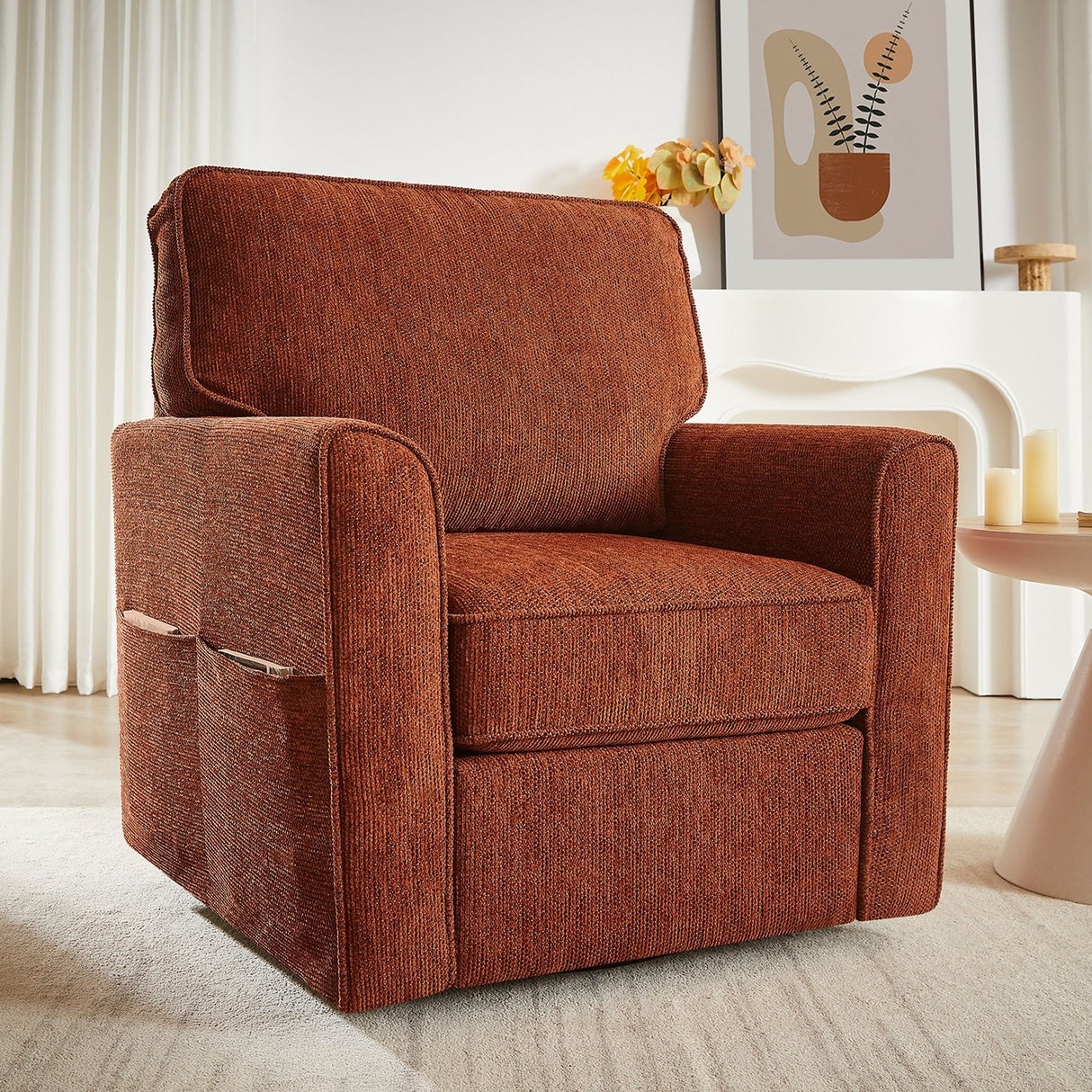 360° Swivel Accent Barrel Armchair With Side Pockets, Compact Design