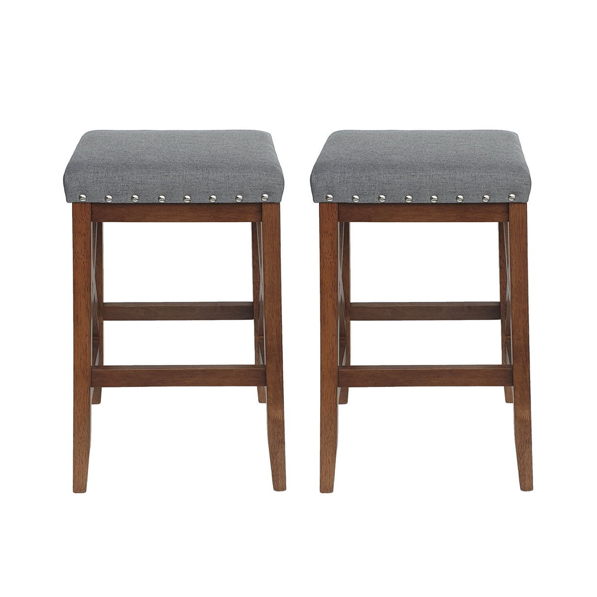 Upholstered Bar Stool With Nailhead Trim And X Frame Design (Set of 2) - Charcoal