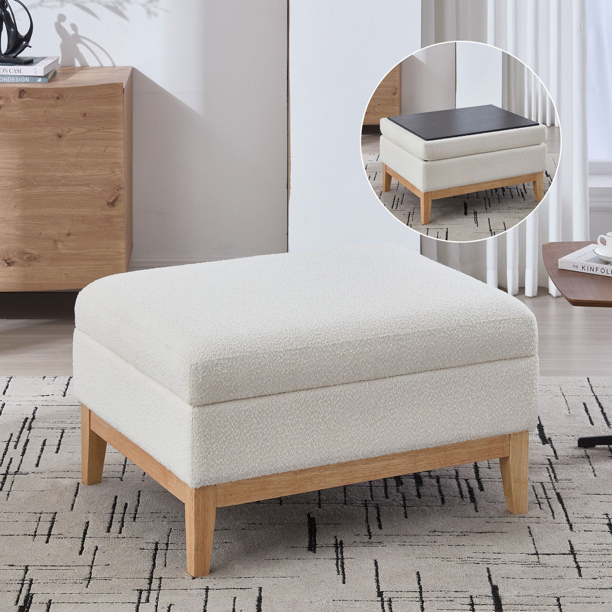 Upholstered Storage Ottoman With Reversible Lid Coffee Table, Foot Stool
