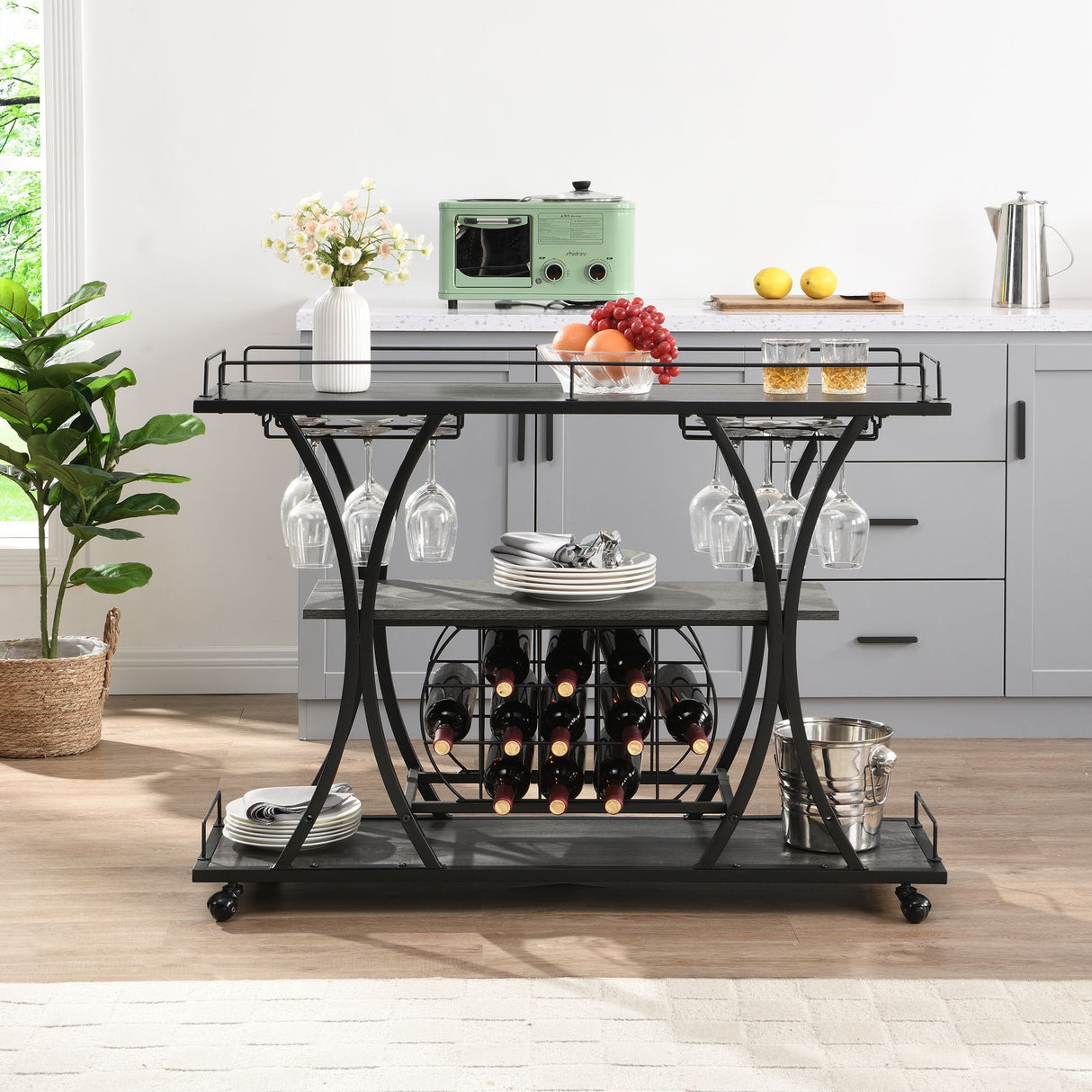 Bar Cart Kitchen Bar & Serving Cart For Home With Wheels 3 Tier Storage Shelves - Black / Gray