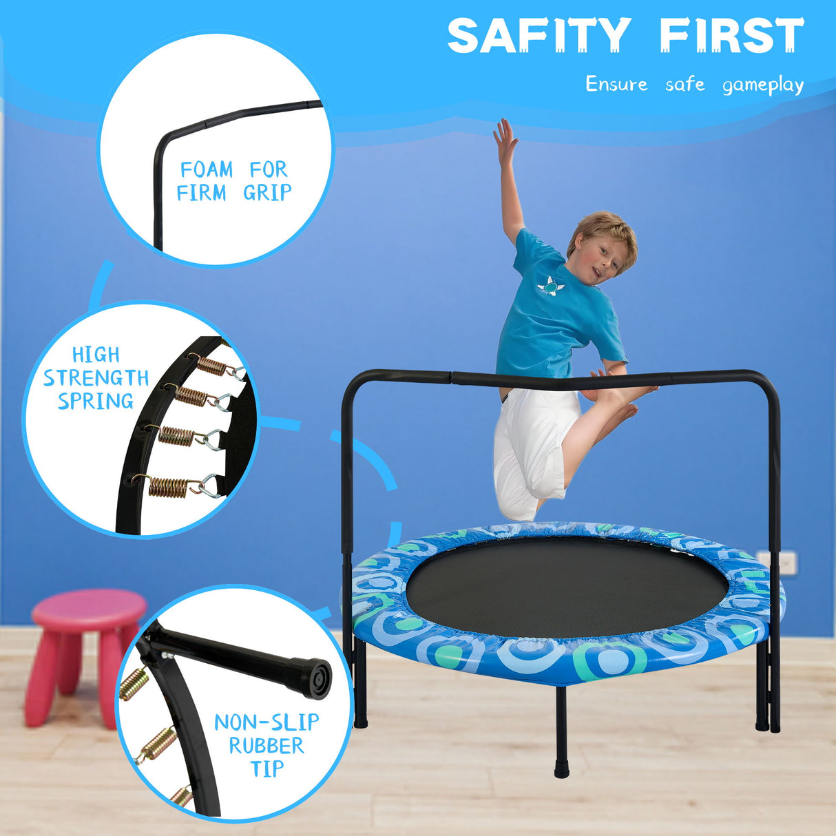 Joy Children's Trampoline With Handrails For Indoor And Outdoor Fun - Blue