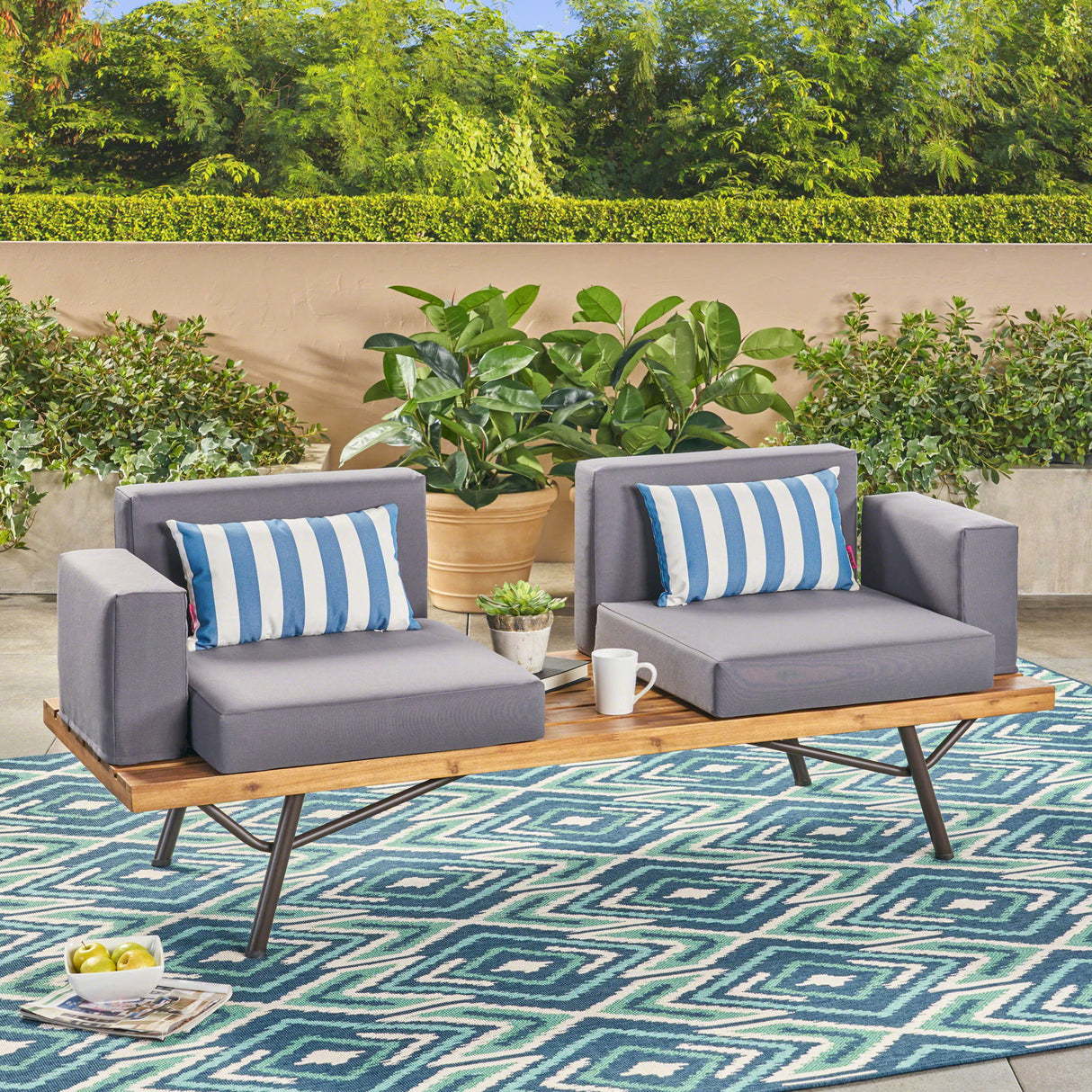 Outdoor Sofa With Cushions And Iron Legs - Dark Gray