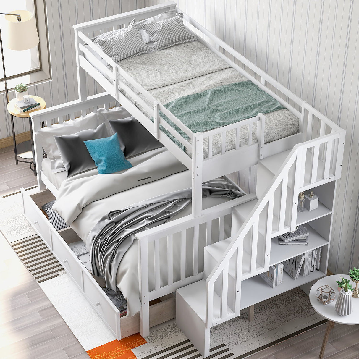 Stairway Bunk Bed With Storage And Guard Rail For Bedroom
