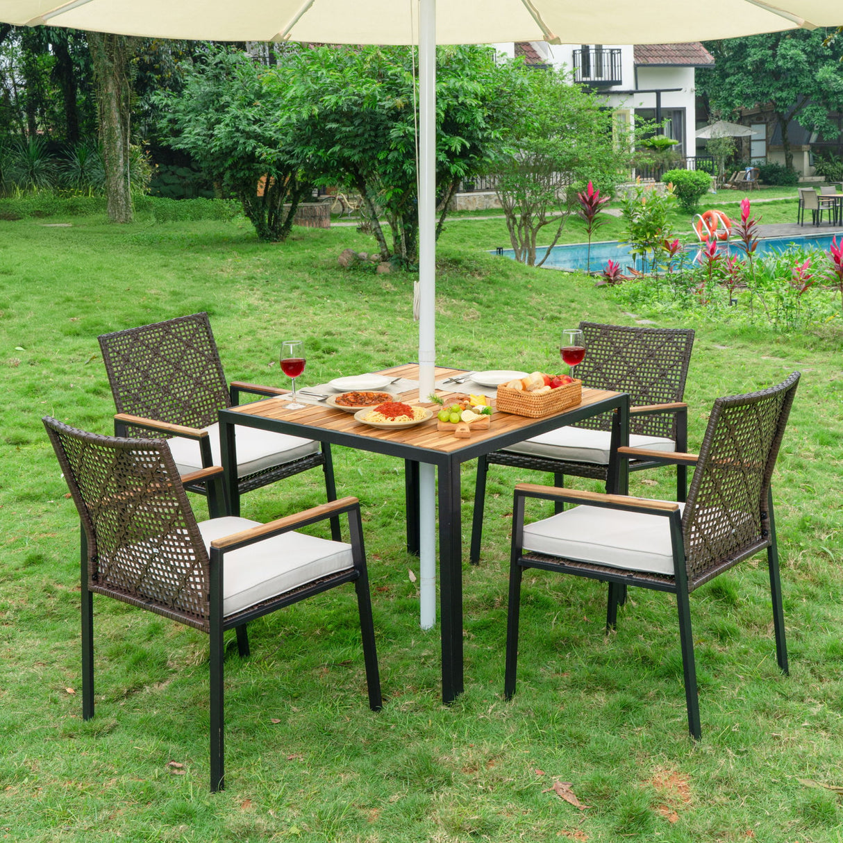 5 Piece Patio Dining Table Set, Acacia Wood Table Top With Umbrella Hole