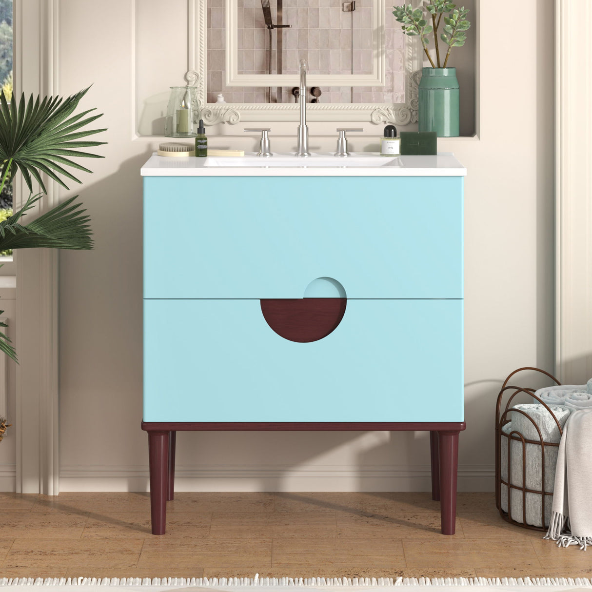 Bathroom Vanity Cabinet With Ceramic Sink Combo Set, Frame Modern Bathroom Storage Cabinet With 2 Drawers - Blue