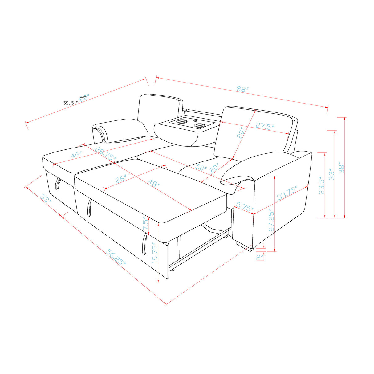 Rebecca - Sofa With Pull Out Bed, Storage Chaise, USB And Cup Holders - Dark Gray