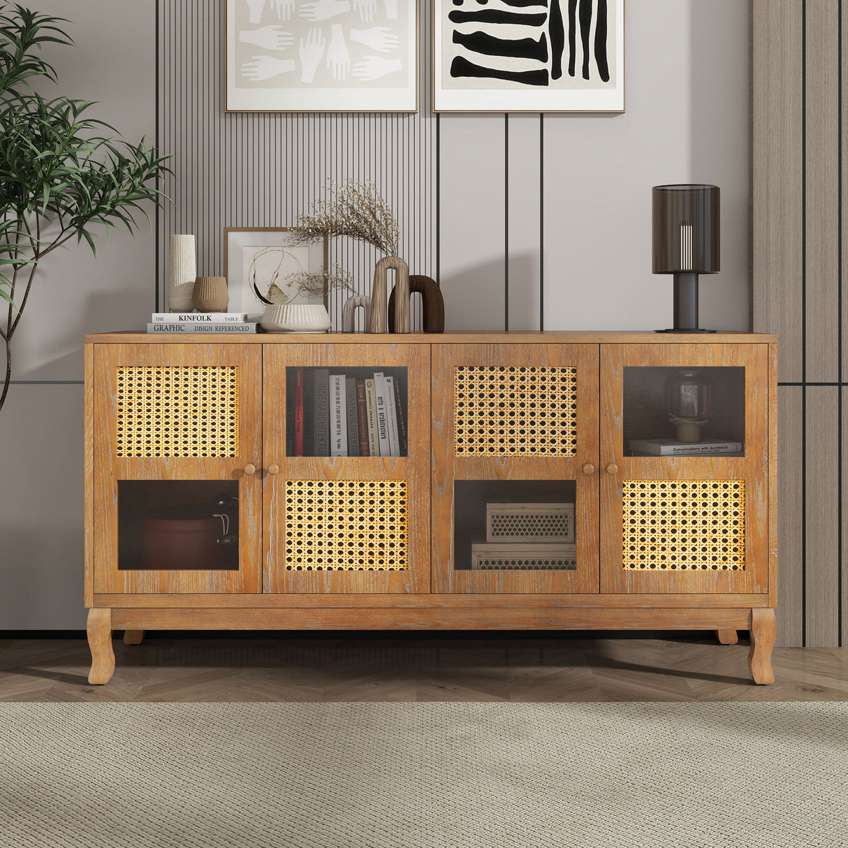 Retro Industrial 4 Door Sideboard With Large Storage, Rattan And Glass Doors