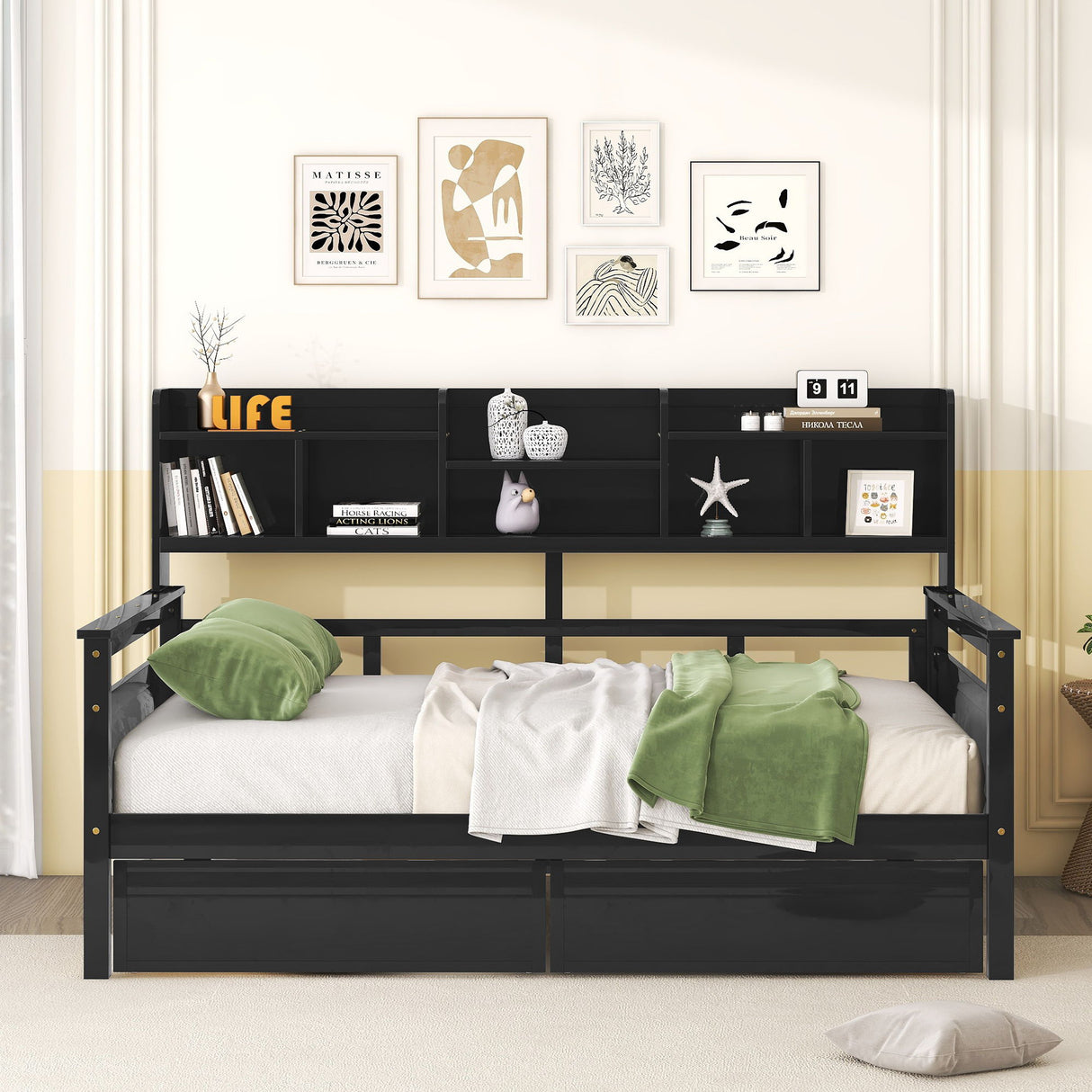 Daybed, Wood Slat Support, With Bedside Shelves And Two Drawers