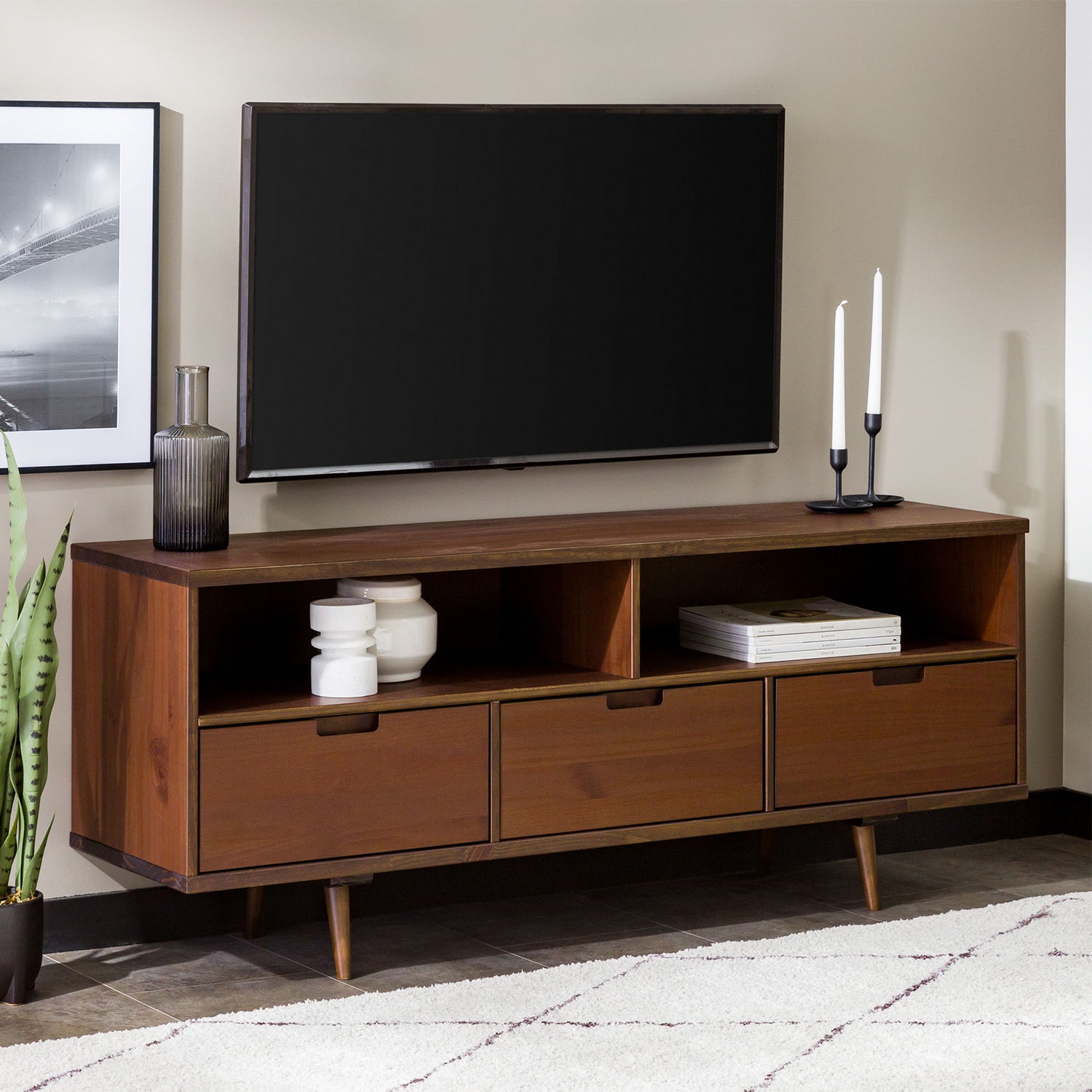 Mid-Century Modern Minimalist 3 Drawer Corner TV Stand For TVs Up To 58