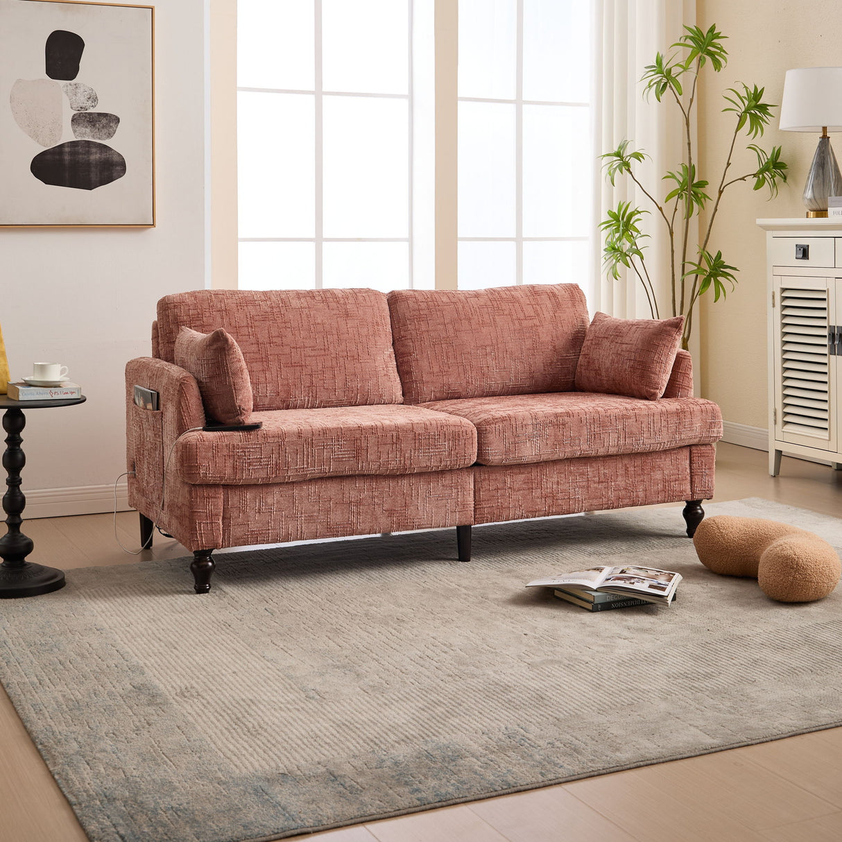 Chenille 2 Seater Sofa With LED Light, USB Charging Port, And Storage Bag