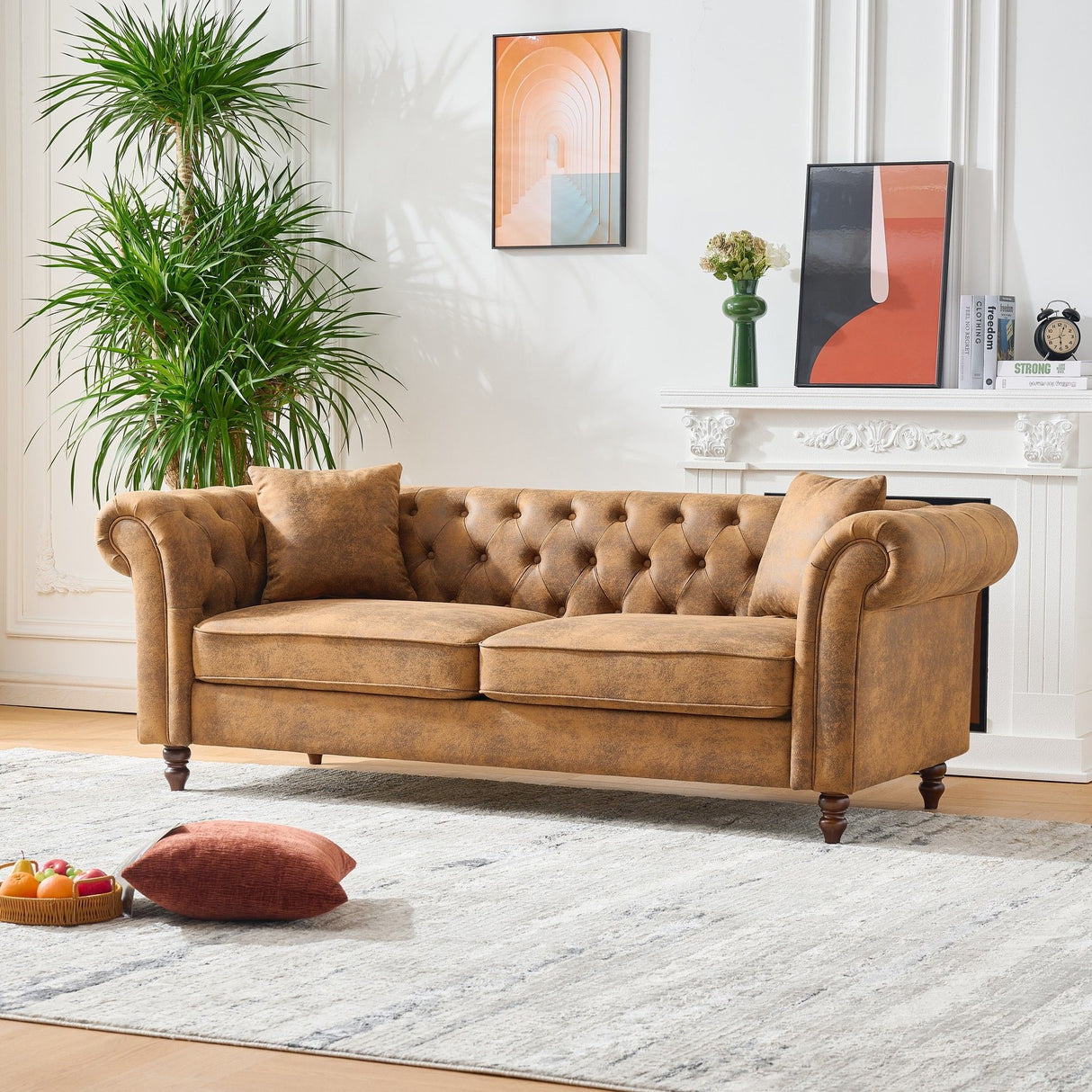 Chesterfield Sofa, High Roll Armrest Sofa, Upholstered Mid Century Modern Couch, 3 Seater Couch - Brown