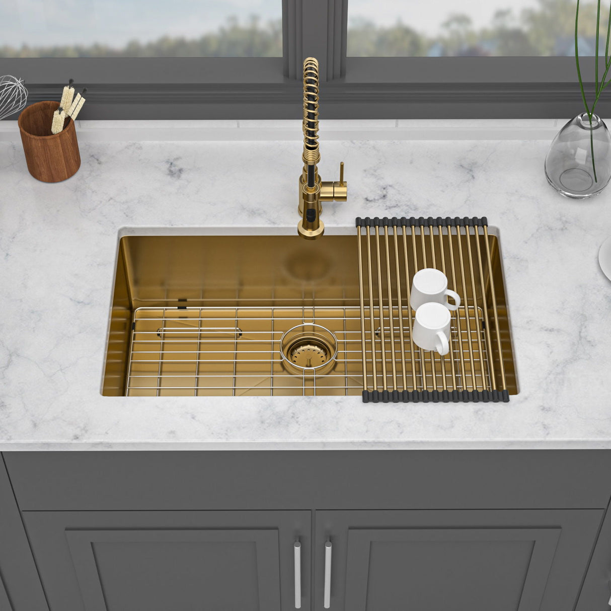 Gold Finish Undermount Stainless Steel Kitchen Sink 32" X 19" 16 Gauge Deep Single Bowl