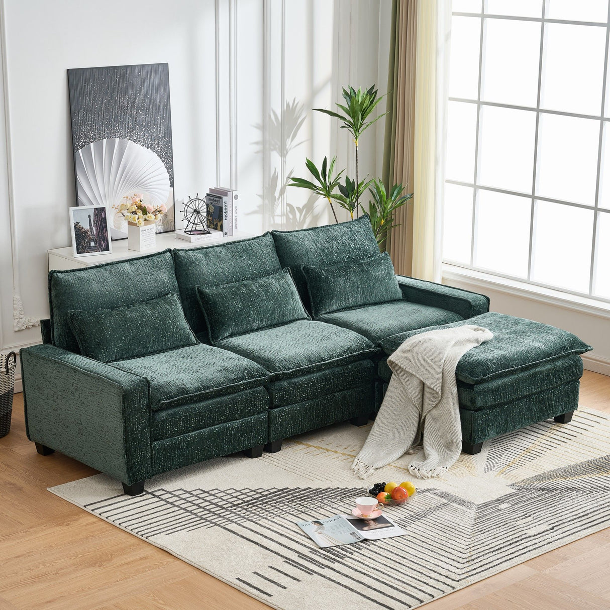 Modern Comfy Chenille L Shaped Sectional Sofa With Movable Ottoman