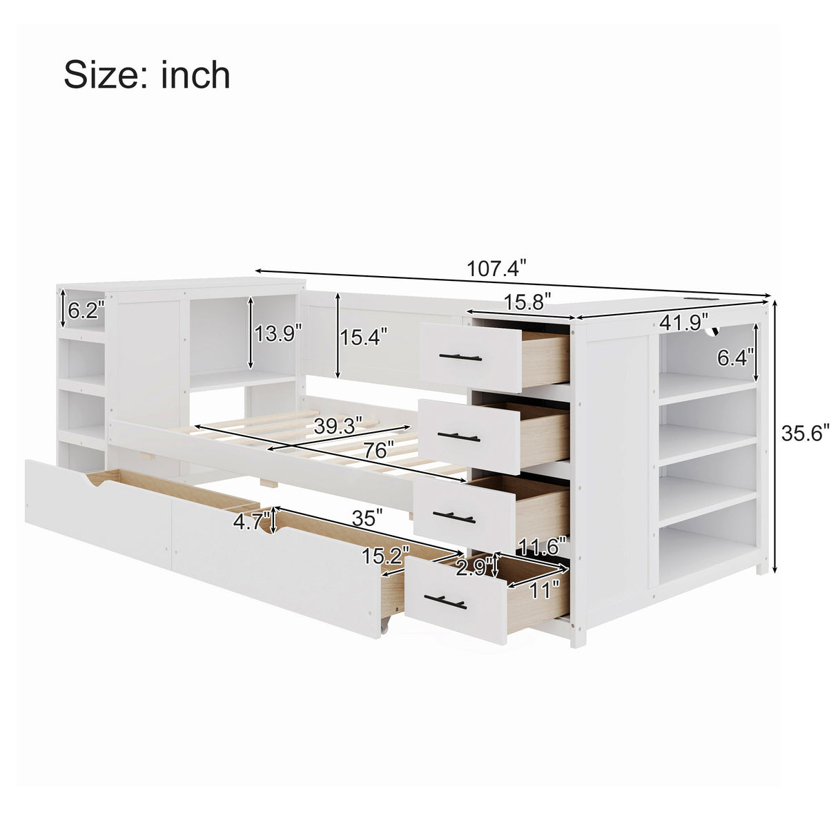Daybed With Side Shelves, Multi Functional Desk & Charging Station