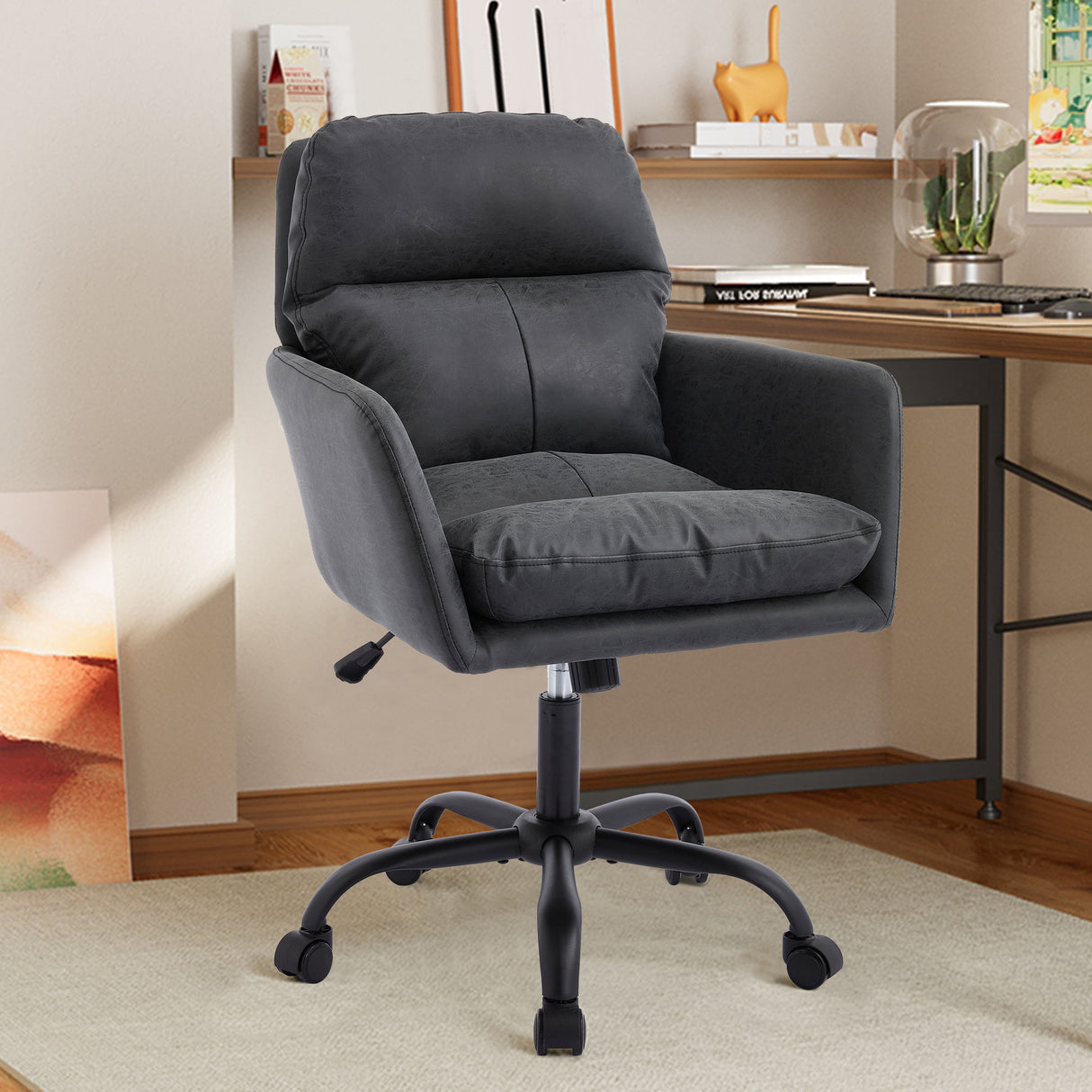 Adjustable Office Chair, Ergonomic Swivel Chair Leather, Comfortable For Long Sitting, Versatile Home And Office Use - Black